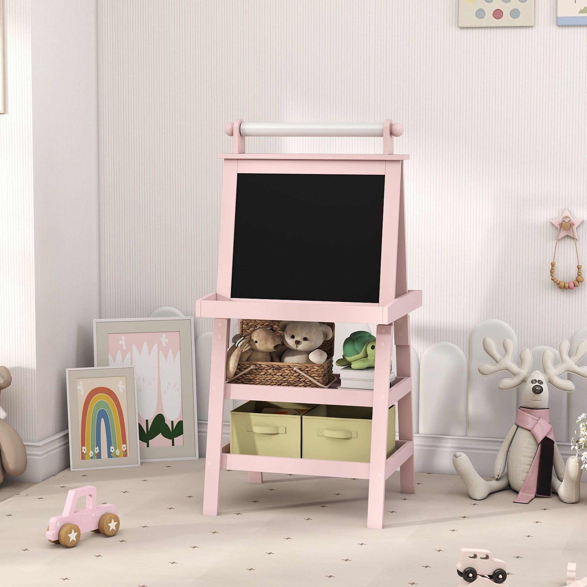 Children's Easel 3 in 1 Double-Sided Magnetic Children's Blackboard Painting Easel with Paper Roll and Storage Baskets 59x48x118 cm Pink