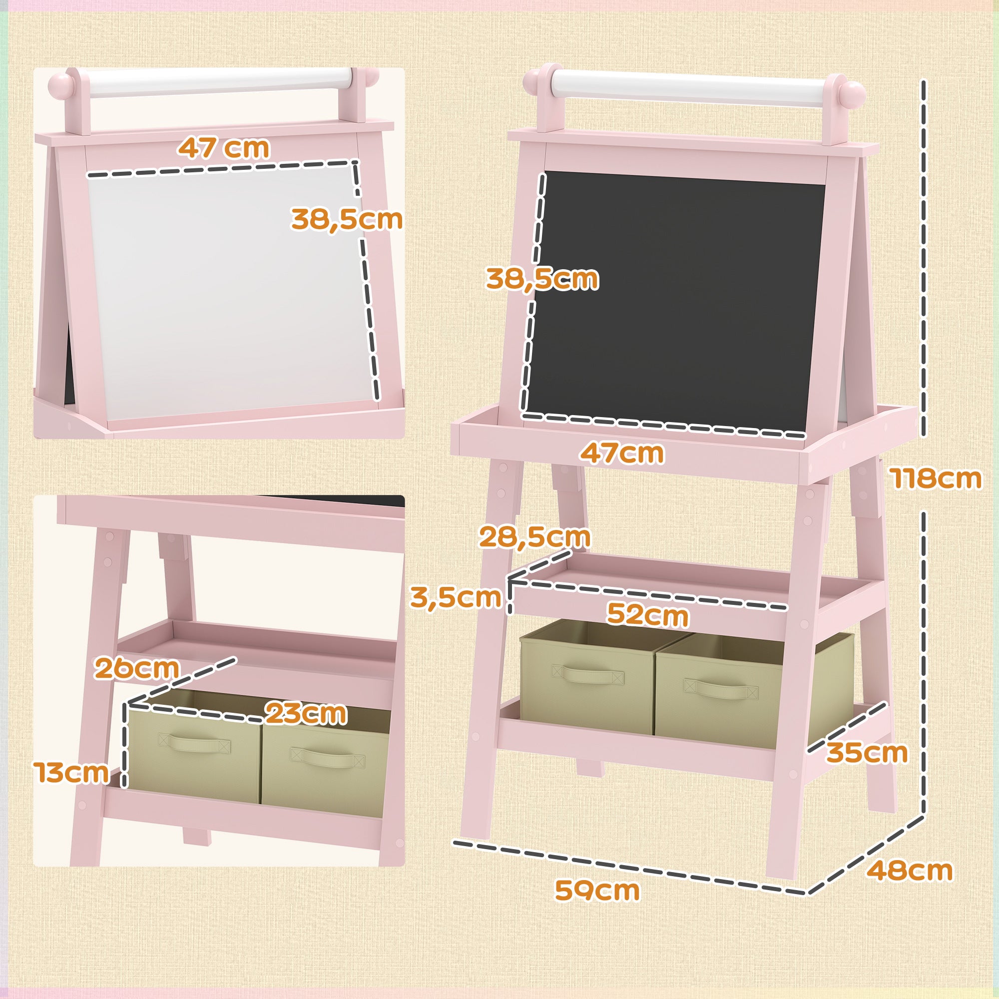 Children's Easel 3 in 1 Double-Sided Magnetic Children's Blackboard Painting Easel with Paper Roll and Storage Baskets 59x48x118 cm Pink