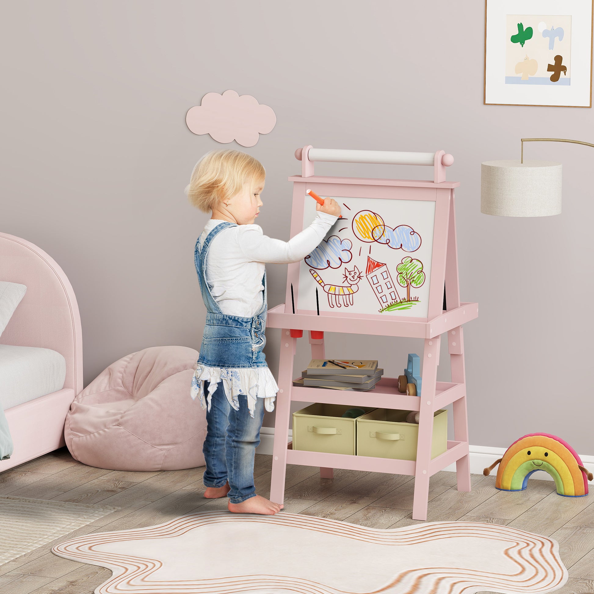 Children's Easel 3 in 1 Double-Sided Magnetic Children's Blackboard Painting Easel with Paper Roll and Storage Baskets 59x48x118 cm Pink