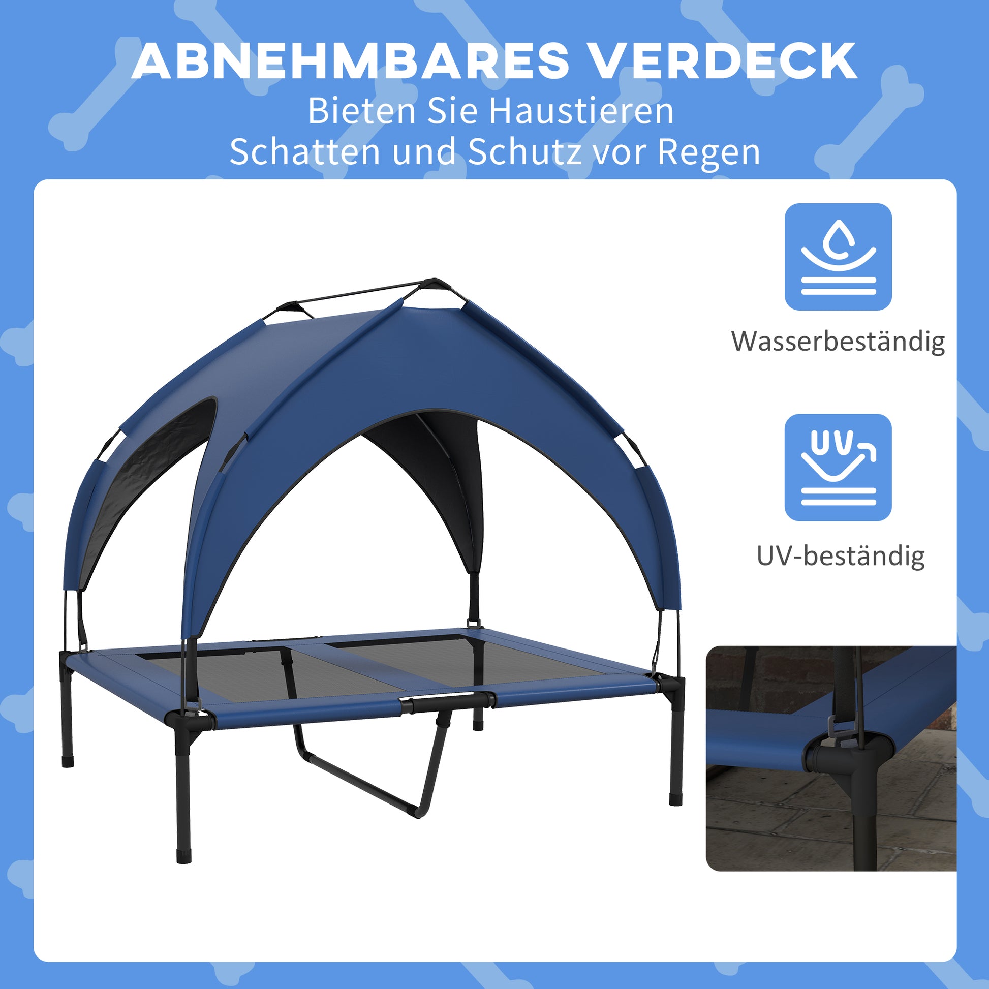 Elevated Dog Bed with Canopy, Pet Bed, Outdoor Dog Lounger with Roof, Breathable, for Large Dogs Dark Blue Oxford 91 x 76 x 89 cm