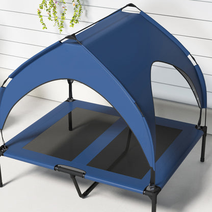 Elevated Dog Bed with Canopy, Pet Bed, Outdoor Dog Lounger with Roof, Breathable, for Large Dogs Dark Blue Oxford 91 x 76 x 89 cm