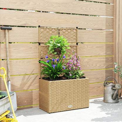 Planter for plants with trellis 2 pots plant box raised planter 22L garden balcony patio terrace outdoor in woven resin and steel 57 x 30 x 107 cm sand