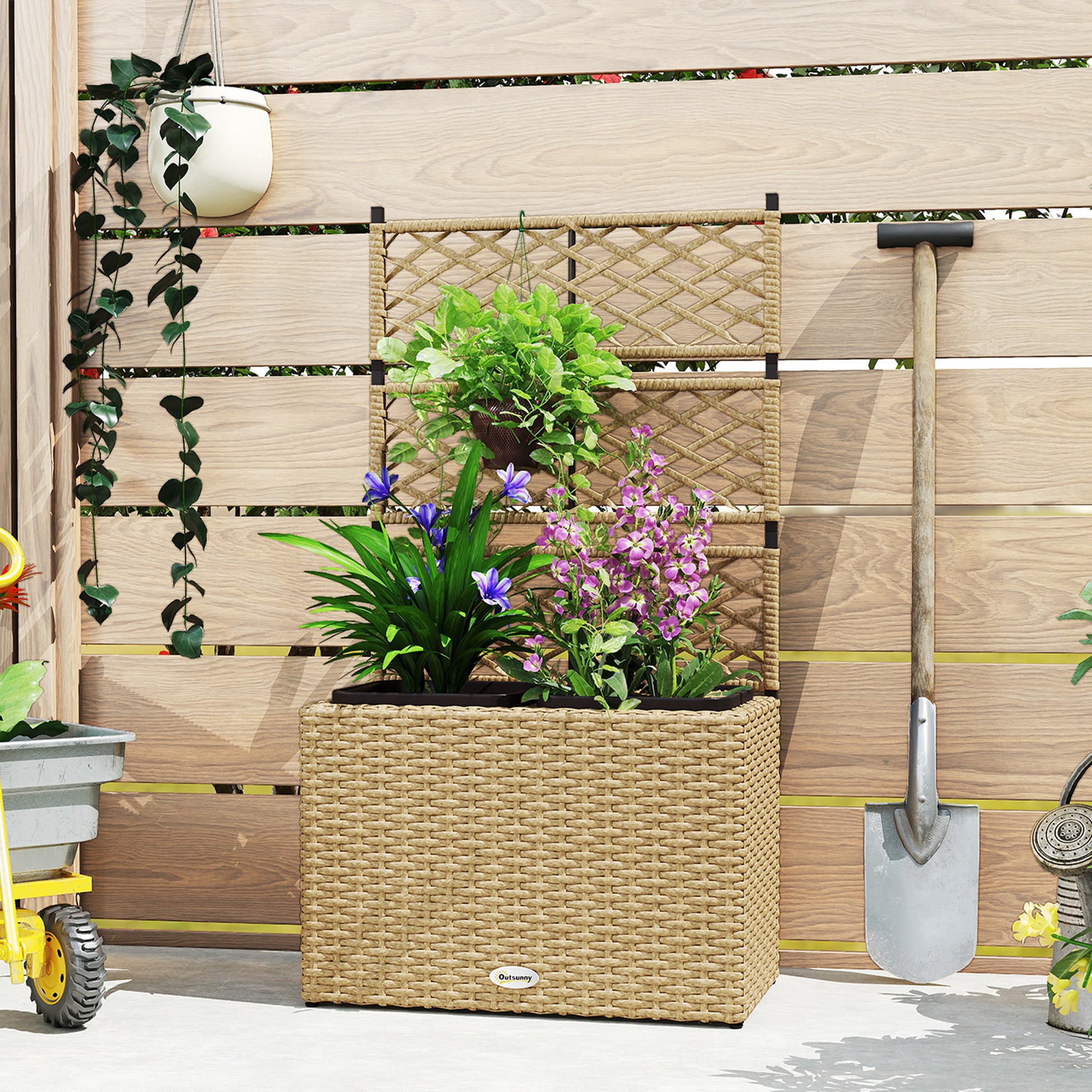 Planter for plants with trellis 2 pots plant box raised planter 22L garden balcony patio terrace outdoor in woven resin and steel 57 x 30 x 107 cm sand