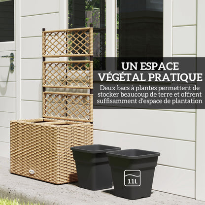 Planter for plants with trellis 2 pots plant box raised planter 22L garden balcony patio terrace outdoor in woven resin and steel 57 x 30 x 107 cm sand