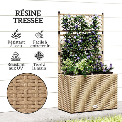 Planter for plants with trellis 2 pots plant box raised planter 22L garden balcony patio terrace outdoor in woven resin and steel 57 x 30 x 107 cm sand