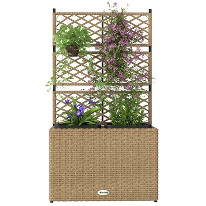 Planter for plants with trellis 2 pots plant box raised planter 22L garden balcony patio terrace outdoor in woven resin and steel 57 x 30 x 107 cm sand