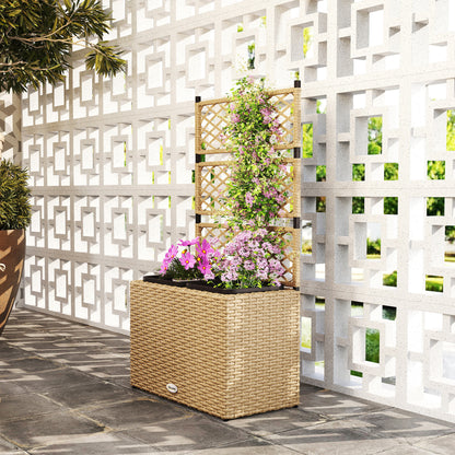 Planter for plants with trellis 2 pots plant box raised planter 22L garden balcony patio terrace outdoor in woven resin and steel 57 x 30 x 107 cm sand
