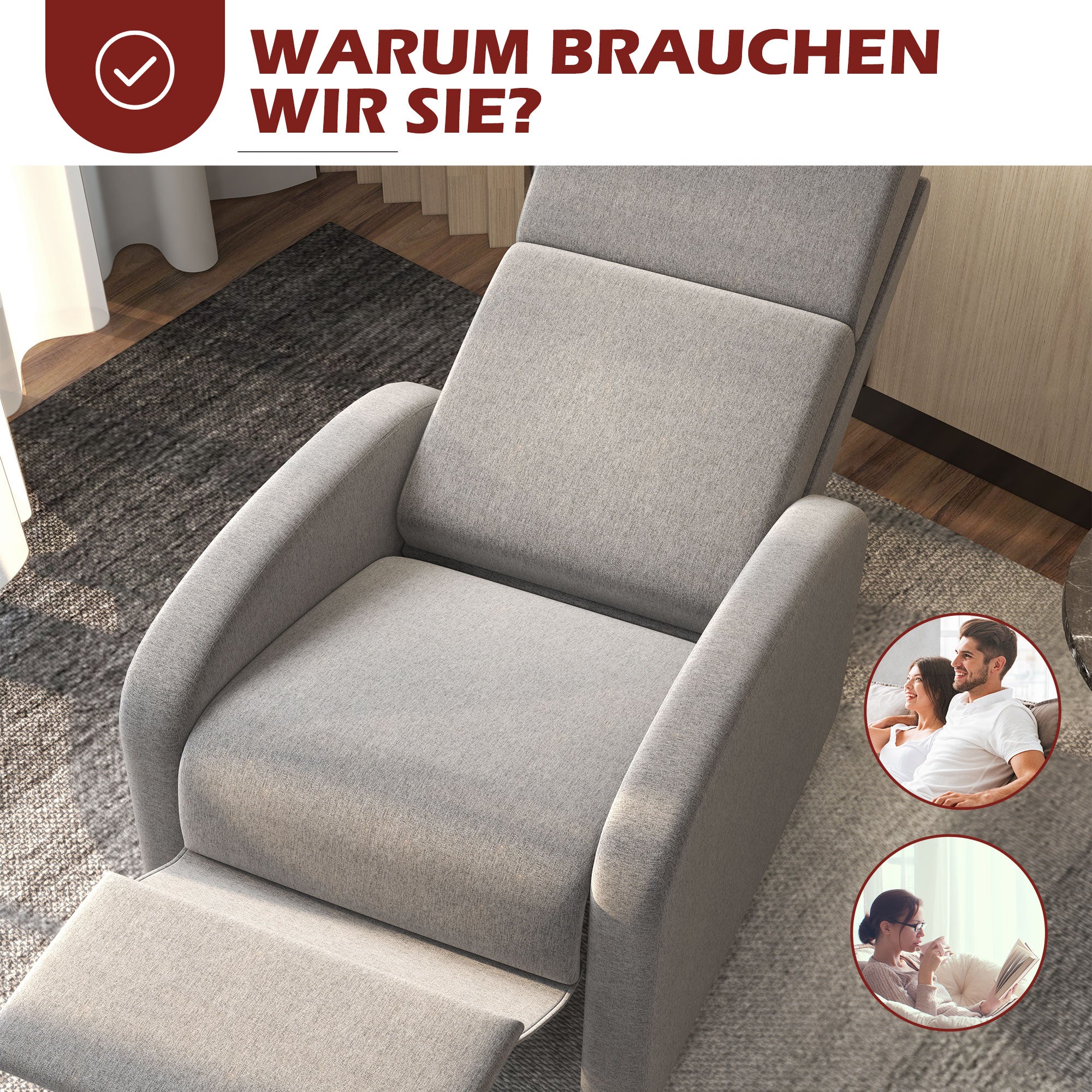 Recliner TV Armchair with Reclining Function Padded Chair with Adjustable Backrest, Relaxation Armchair with Linen Look, Footrest for Living Room Bedroom, Dark Gray