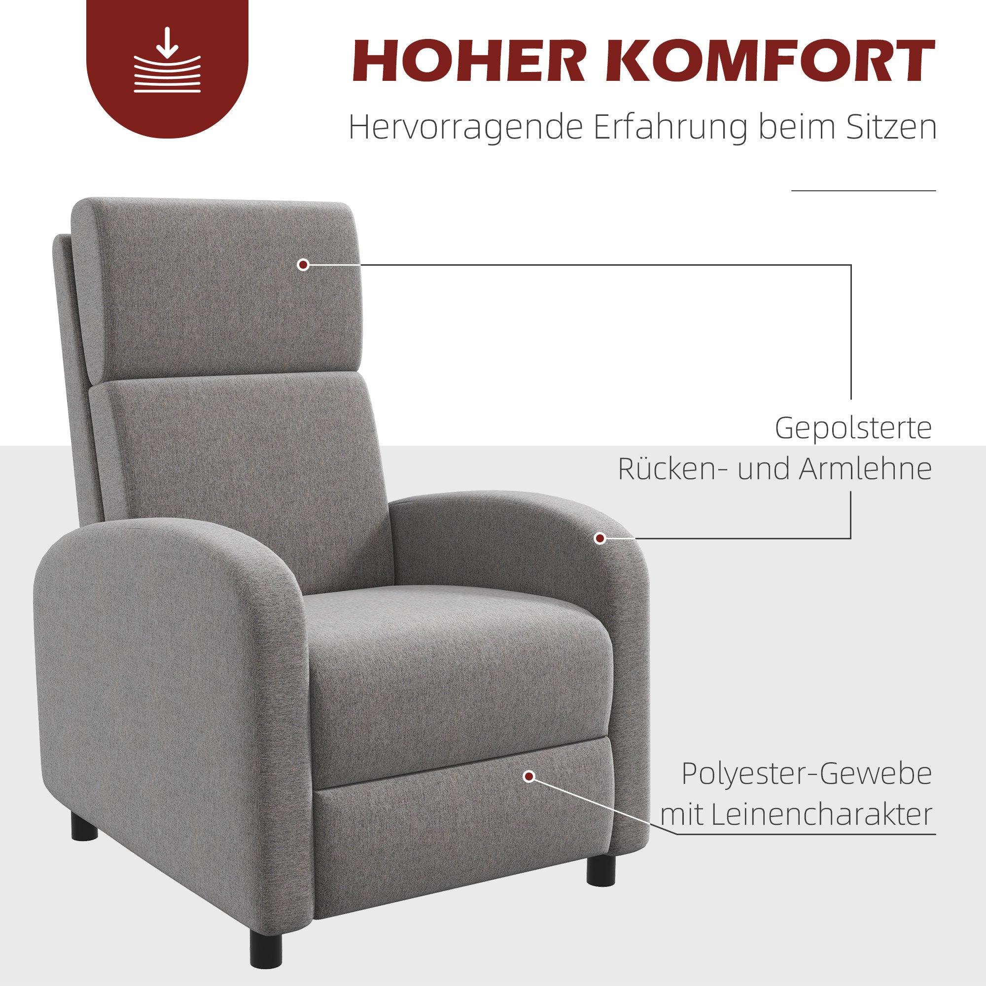 Recliner TV Armchair with Reclining Function Padded Chair with Adjustable Backrest, Relaxation Armchair with Linen Look, Footrest for Living Room Bedroom, Dark Gray