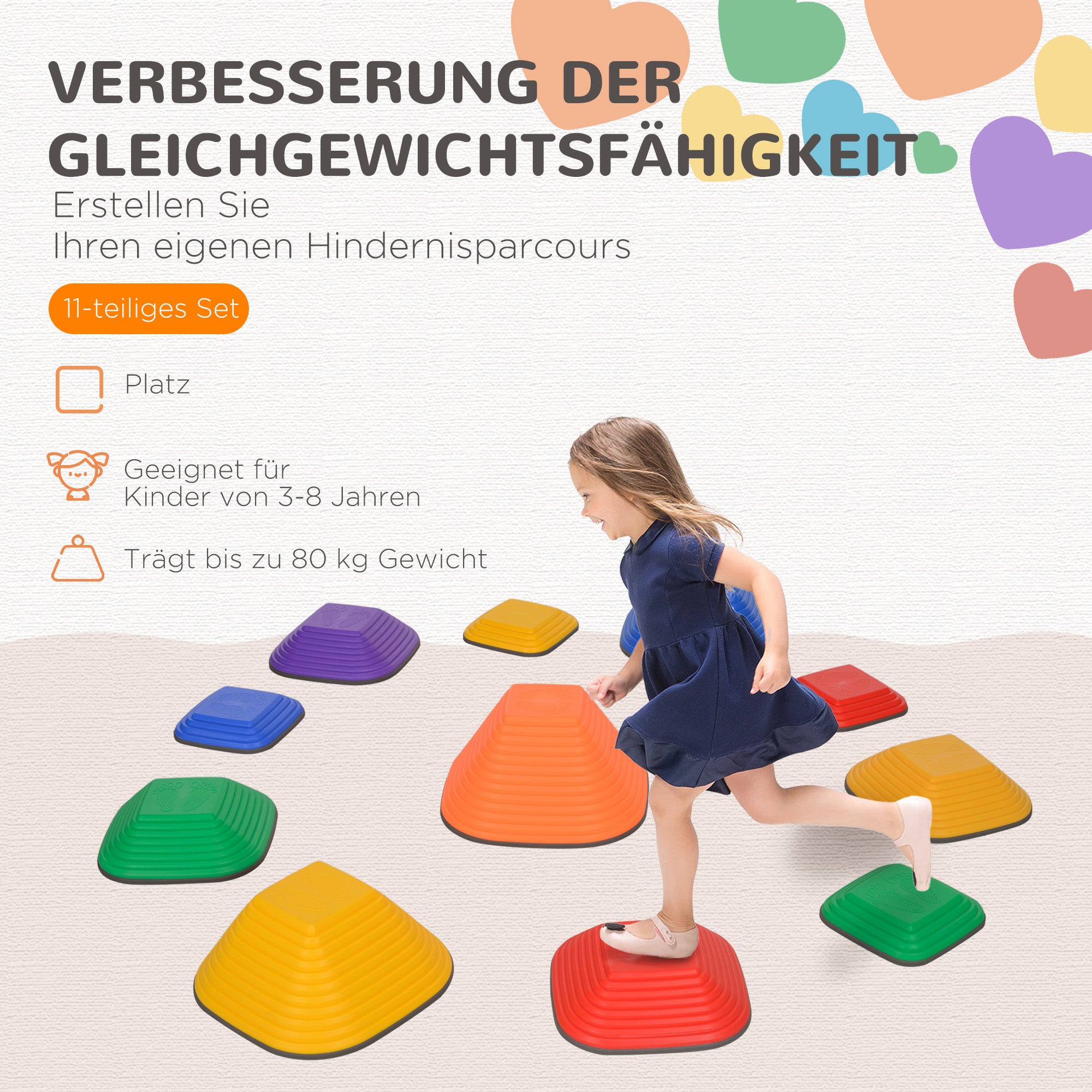 River Stones, 11-Piece Balancing Stones in Square Shape, Stackable & Non-slip Stack Stones up to 80 kg Load Capacity, Stepping Stones for 3-8 years, for Indoor Outdoor Play Multicolor