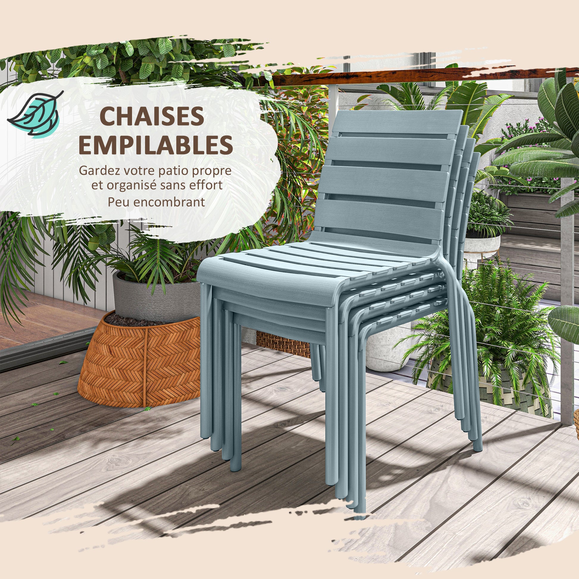 Set of 4 stackable bistro garden chairs with slatted seat and backrest dim. 42L x 54W x 78H cm gray