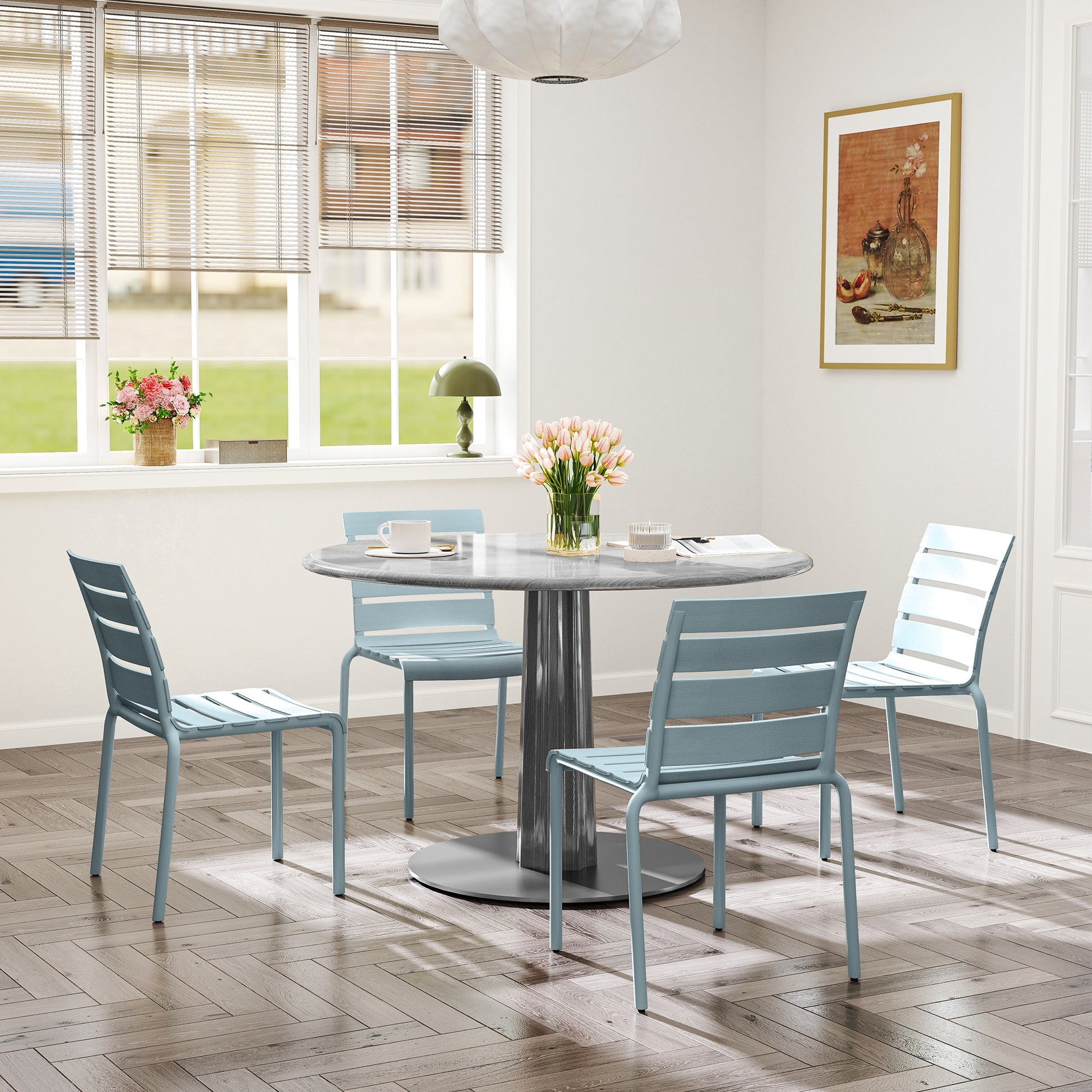 Set of 4 stackable bistro garden chairs with slatted seat and backrest dim. 42L x 54W x 78H cm gray