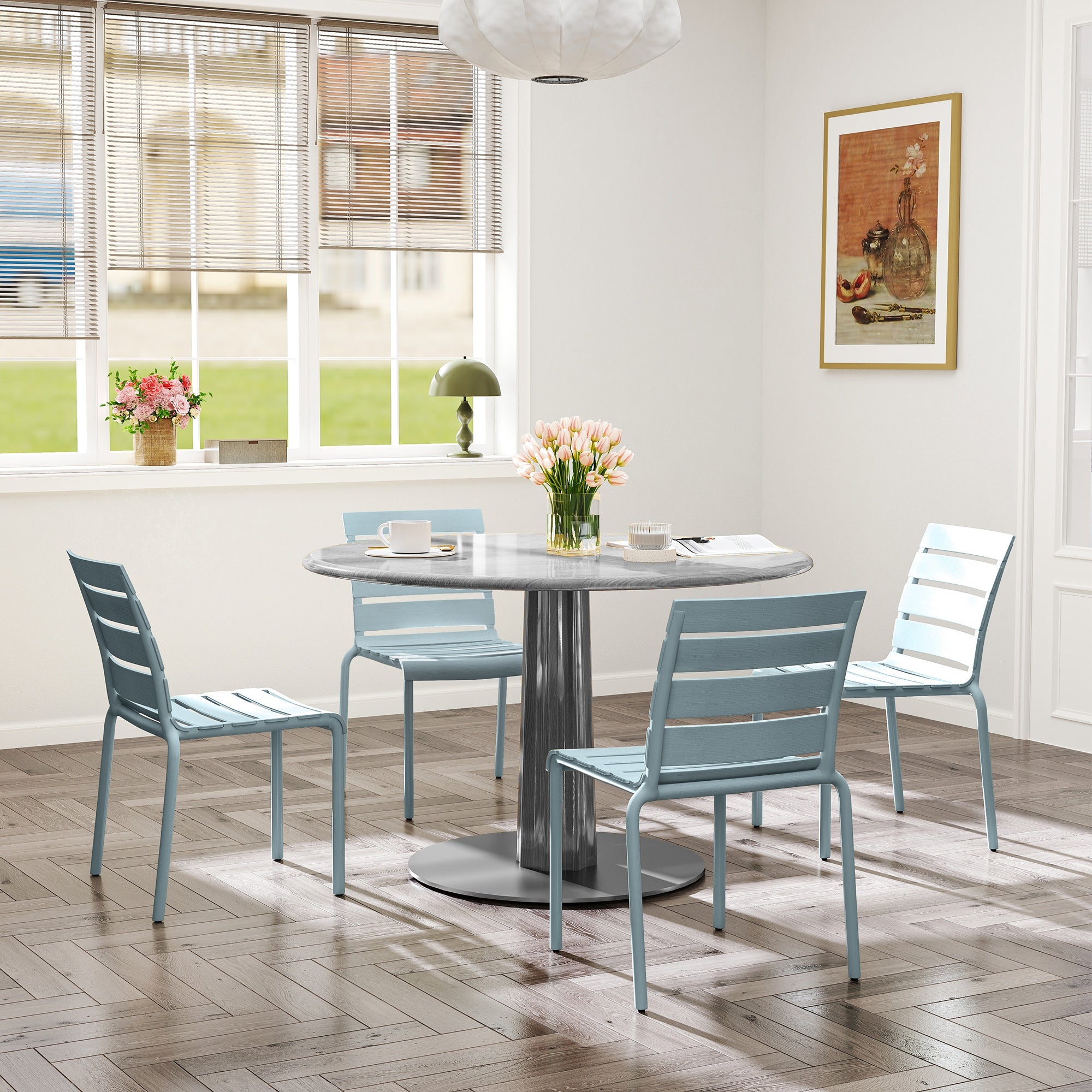 Set of 4 stackable bistro garden chairs with slatted seat and backrest dim. 42L x 54W x 78H cm gray