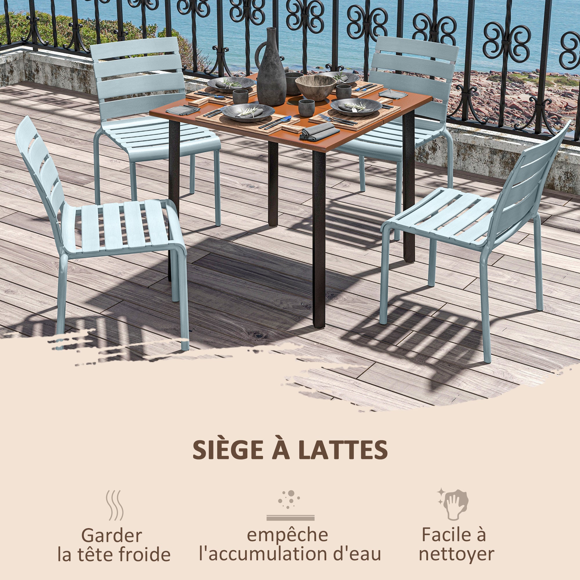 Set of 4 stackable bistro garden chairs with slatted seat and backrest dim. 42L x 54W x 78H cm gray