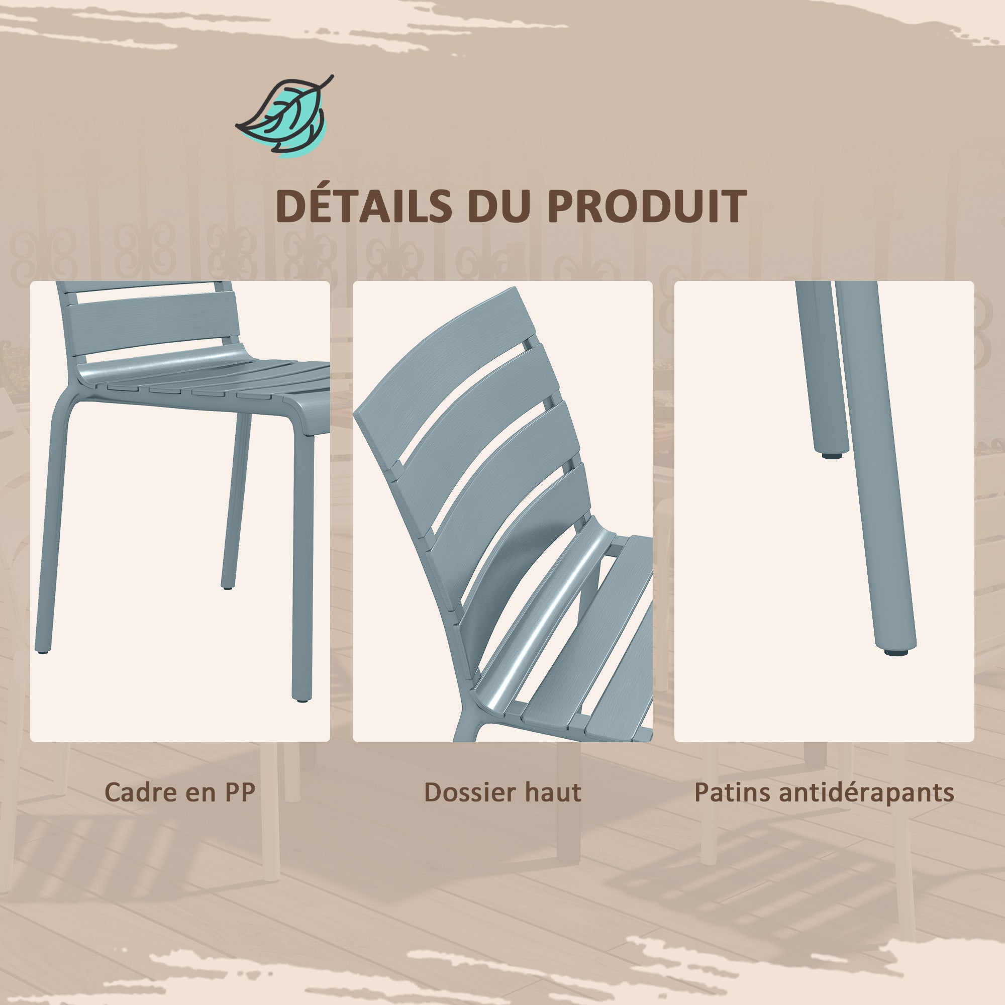 Set of 4 stackable bistro garden chairs with slatted seat and backrest dim. 42L x 54W x 78H cm gray