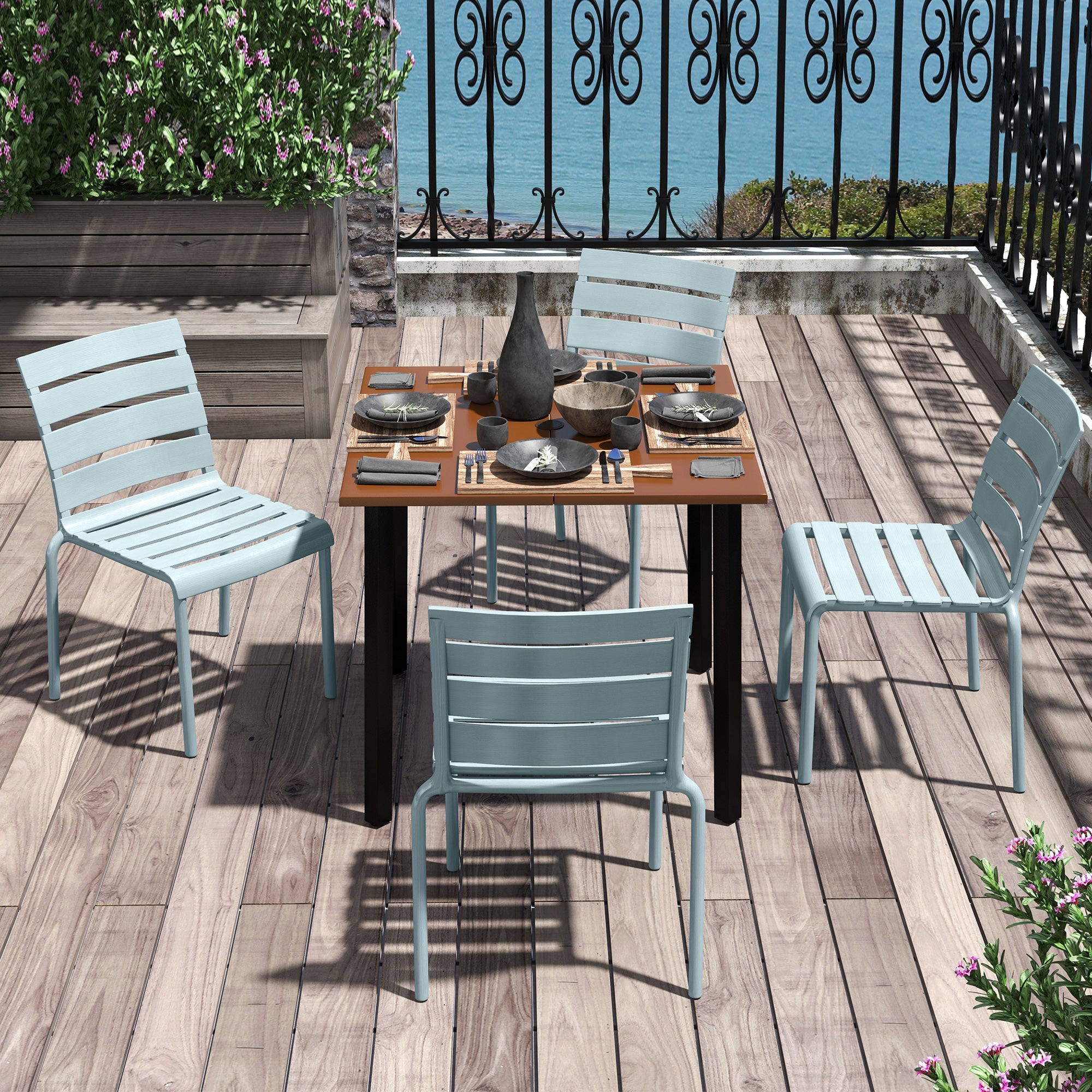 Set of 4 stackable bistro garden chairs with slatted seat and backrest dim. 42L x 54W x 78H cm gray