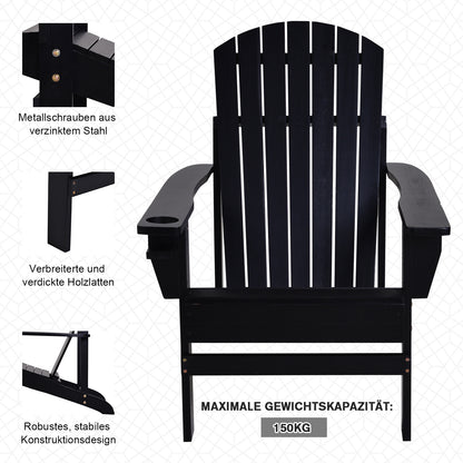 Adirondack Garden Chair with Cup Holder Garden Lounger Balcony Chair Solid Wood Black 72.5 x 97 x 93 cm