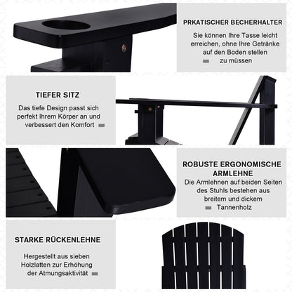 Adirondack Garden Chair with Cup Holder Garden Lounger Balcony Chair Solid Wood Black 72.5 x 97 x 93 cm