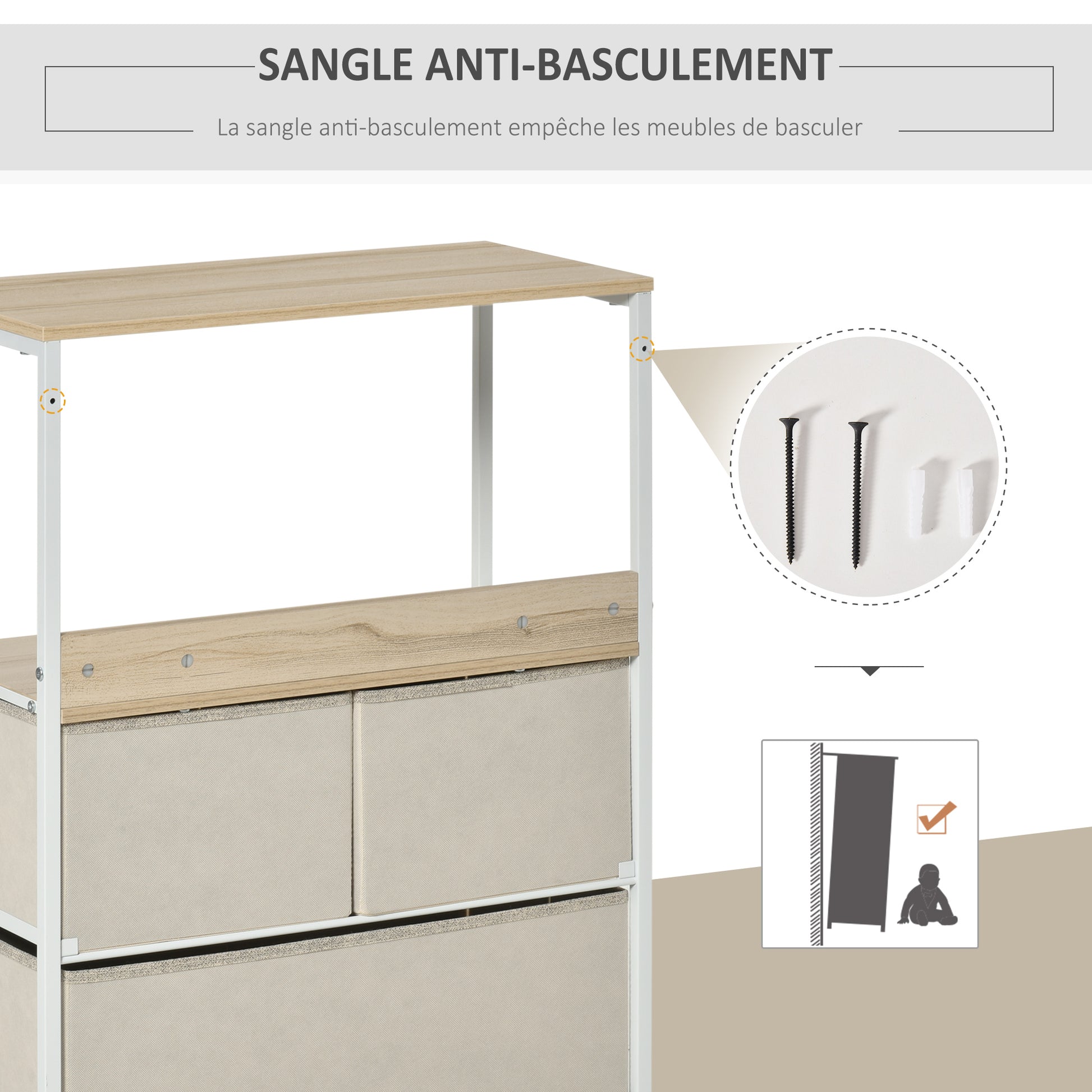 Dresser Storage Cabinet with 3 Fabric Drawers, Shelf, and Top Plate, Small Side Cabinet - 58L x 29W x 81.5H cm - Natural and White Metal