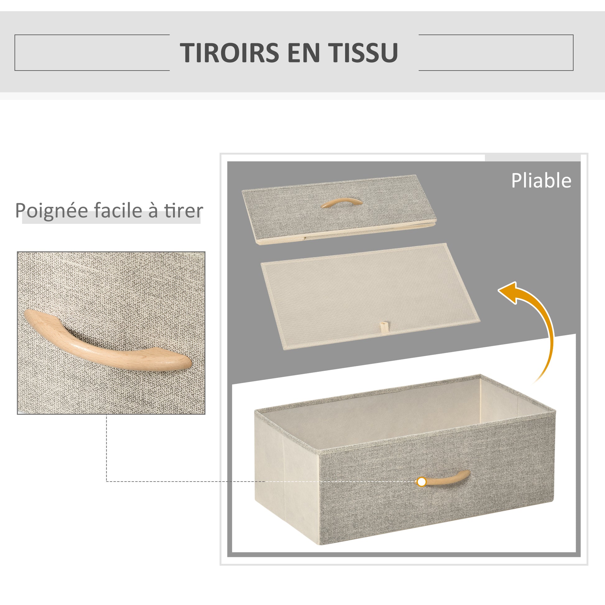 Dresser Storage Cabinet with 3 Fabric Drawers, Shelf, and Top Plate, Small Side Cabinet - 58L x 29W x 81.5H cm - Natural and White Metal