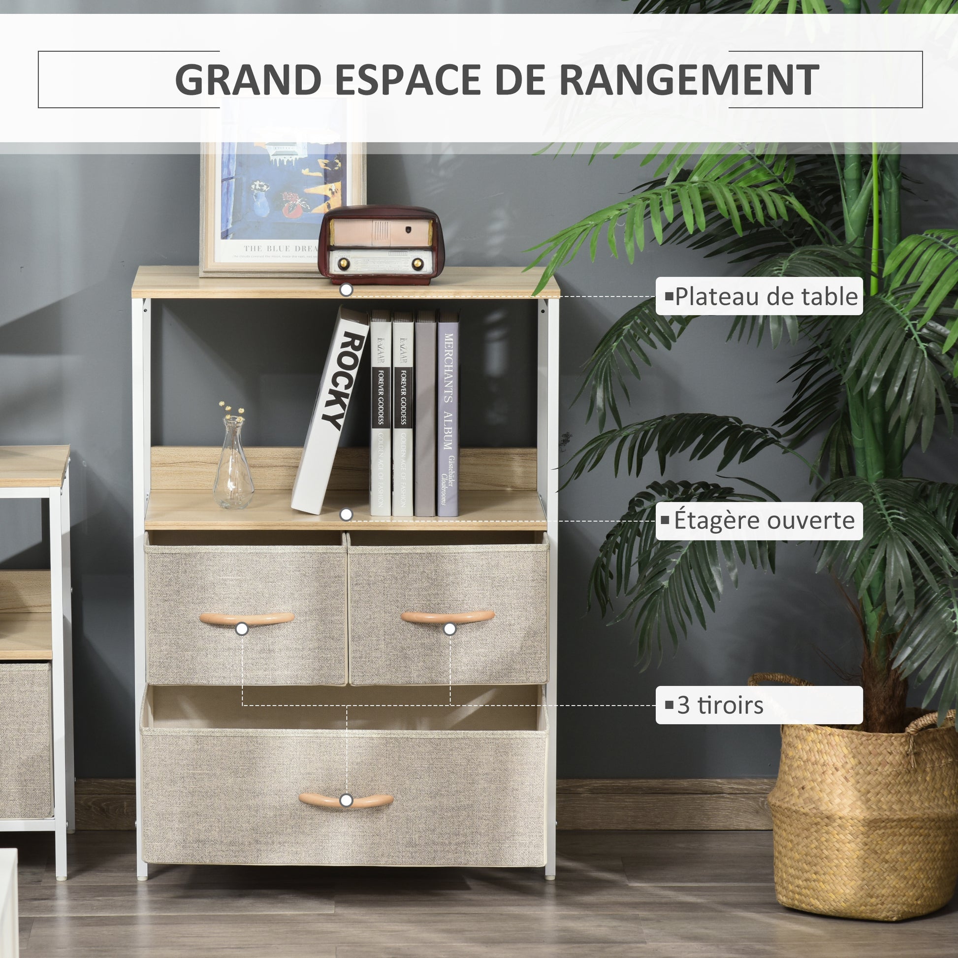 Dresser Storage Cabinet with 3 Fabric Drawers, Shelf, and Top Plate, Small Side Cabinet - 58L x 29W x 81.5H cm - Natural and White Metal