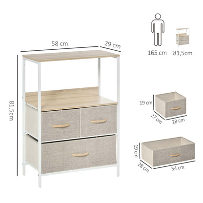 Dresser Storage Cabinet with 3 Fabric Drawers, Shelf, and Top Plate, Small Side Cabinet - 58L x 29W x 81.5H cm - Natural and White Metal