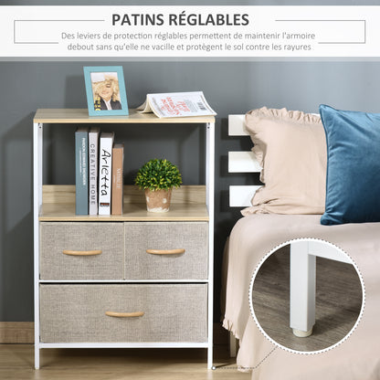 Dresser Storage Cabinet with 3 Fabric Drawers, Shelf, and Top Plate, Small Side Cabinet - 58L x 29W x 81.5H cm - Natural and White Metal