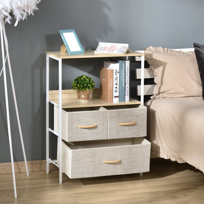 Dresser Storage Cabinet with 3 Fabric Drawers, Shelf, and Top Plate, Small Side Cabinet - 58L x 29W x 81.5H cm - Natural and White Metal