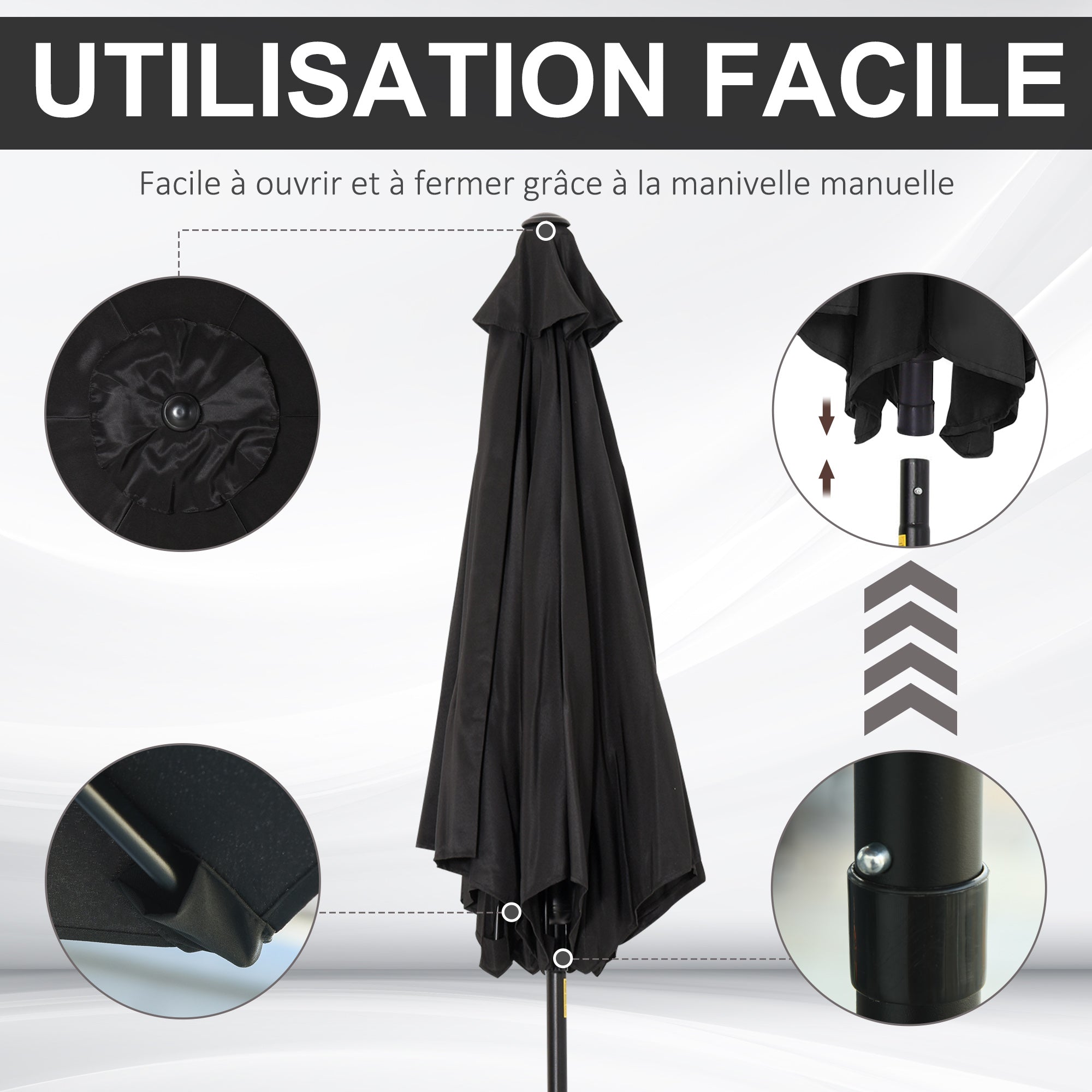 Straight tilting garden balcony terrace parasol with crank polyester waterproof high density 180 g/m² fabric Ø2.6 x 2.35H m black aluminum