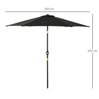 Straight tilting garden balcony terrace parasol with crank polyester waterproof high density 180 g/m² fabric Ø2.6 x 2.35H m black aluminum