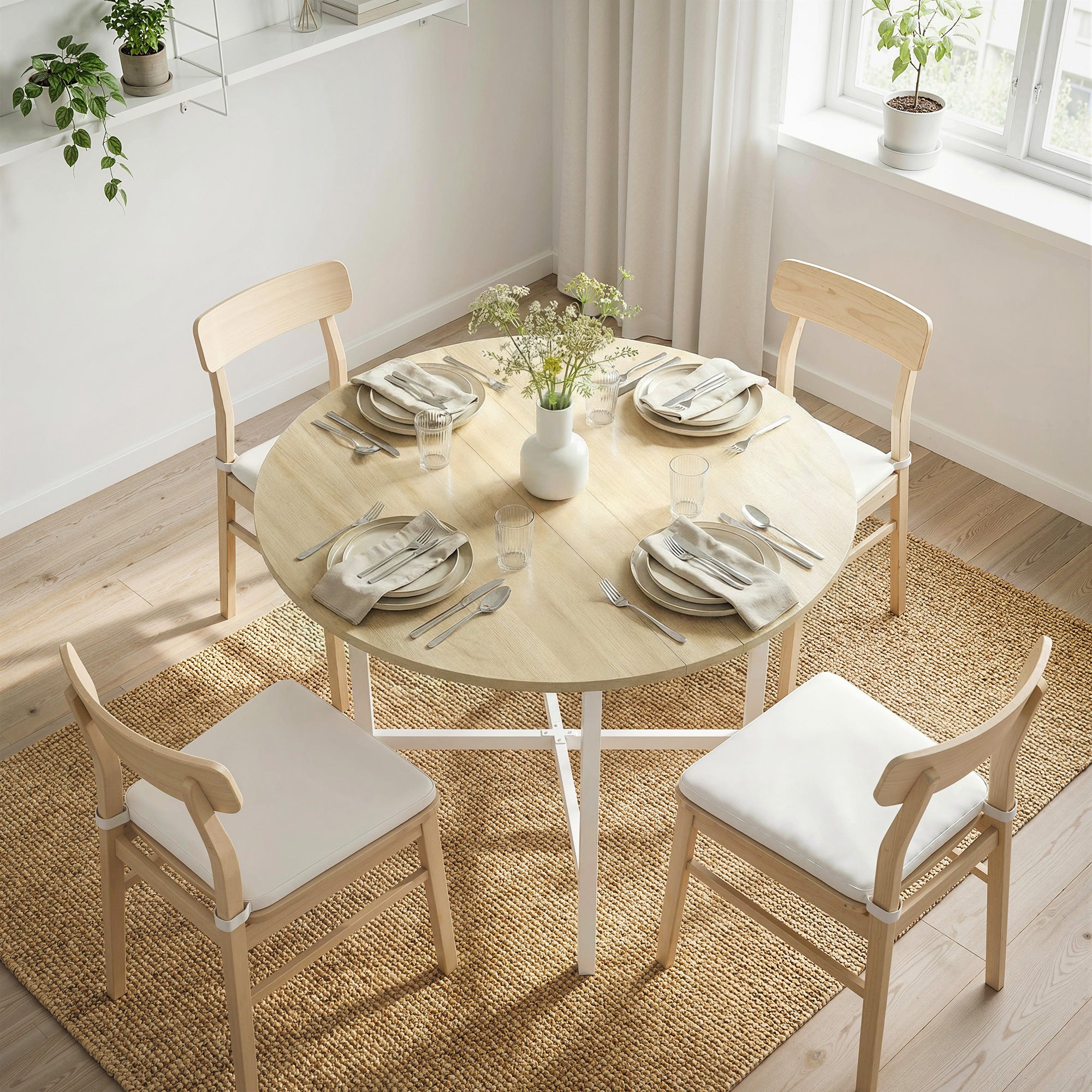 Round Folding Dining Table for 2–4, Space-Saving Drop-Leaf Table with Steel Frame, Natural Wood/White, 31.5" x 31.5" x 29.9"