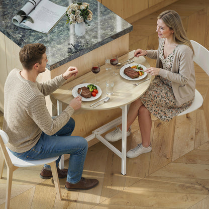 Round Folding Dining Table for 2–4, Space-Saving Drop-Leaf Table with Steel Frame, Natural Wood/White, 31.5" x 31.5" x 29.9"