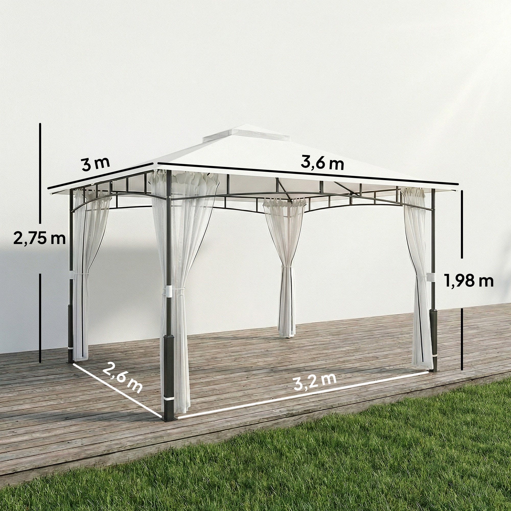 Gazebo 3.6 x 3.0 m (11 ft 9.7 in x 9 ft 10.1 in) — Water-Resistant Metal Garden Pavilion with Mosquito Net, Double Roof, Wood-Effect Posts, Black