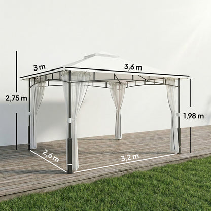 Gazebo 3.6 x 3.0 m (11 ft 9.7 in x 9 ft 10.1 in) — Water-Resistant Metal Garden Pavilion with Mosquito Net, Double Roof, Wood-Effect Posts, Black