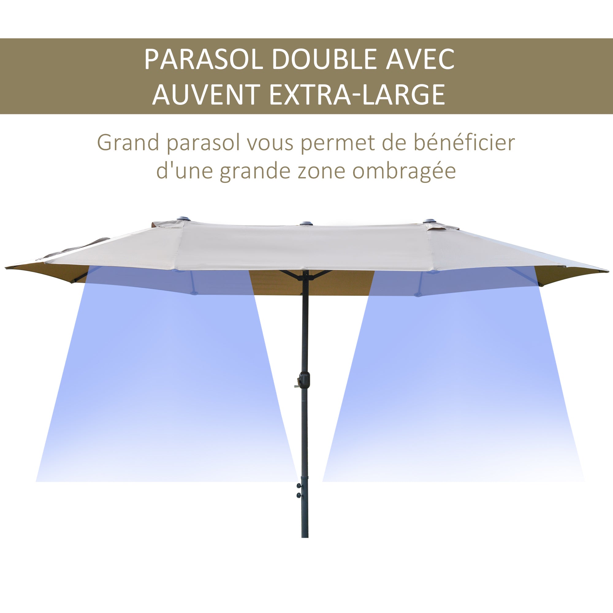 XXL Garden Parasol with Cross Base Large Size 4.6L x 2.7W x 2.4H m Crank Opening Closing Steel High Density Polyester Coffee