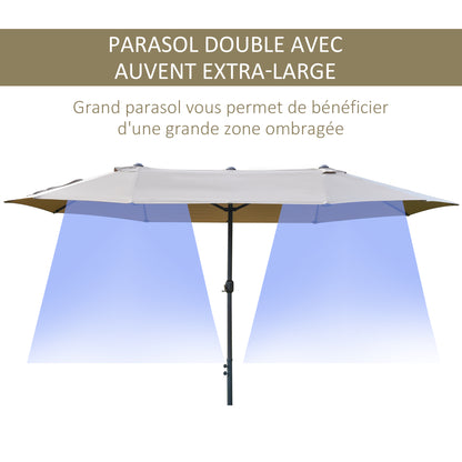 XXL Garden Parasol with Cross Base Large Size 4.6L x 2.7W x 2.4H m Crank Opening Closing Steel High Density Polyester Coffee