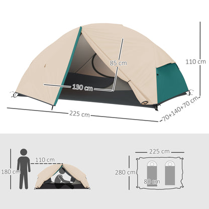 2-Person Camping Tent with 2 Vestibules, Waterproof Dome Tent with 2 Doors, 2 Mesh Windows, Internal Pockets, and Carry Bag for Trekking, 280x225x110 cm, Beige