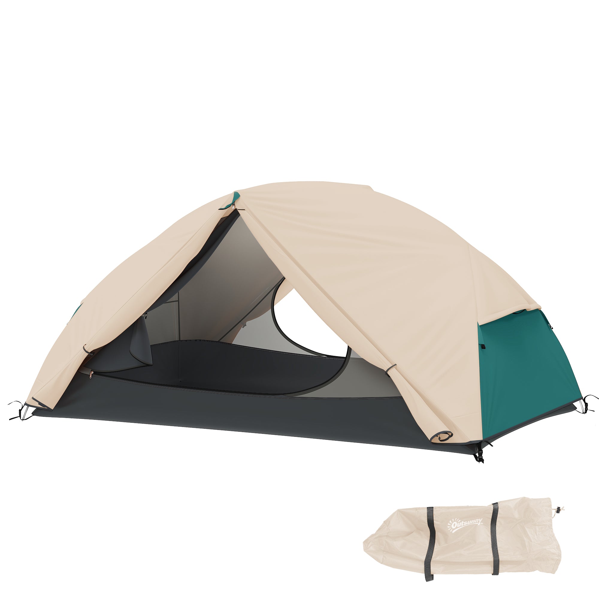 2-Person Camping Tent with 2 Vestibules, Waterproof Dome Tent with 2 Doors, 2 Mesh Windows, Internal Pockets, and Carry Bag for Trekking, 280x225x110 cm, Beige