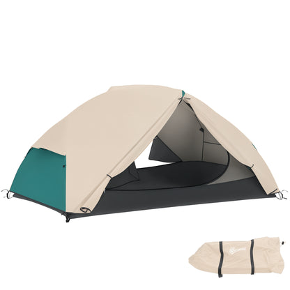 2-Person Camping Tent with 2 Vestibules, Waterproof Dome Tent with 2 Doors, 2 Mesh Windows, Internal Pockets, and Carry Bag for Trekking, 280x225x110 cm, Beige