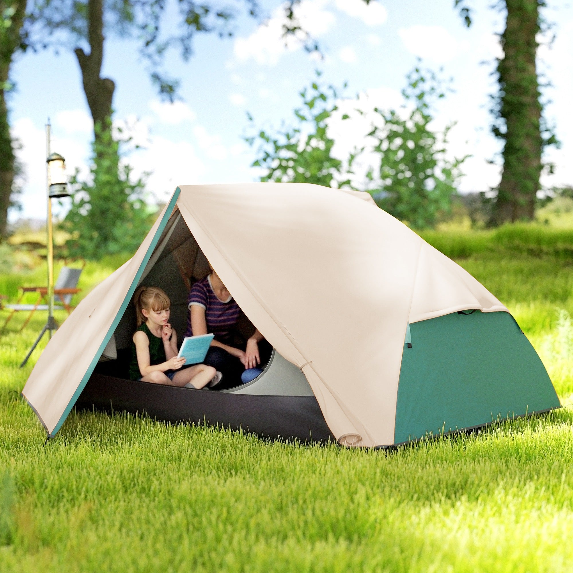 2-Person Camping Tent with 2 Vestibules, Waterproof Dome Tent with 2 Doors, 2 Mesh Windows, Internal Pockets, and Carry Bag for Trekking, 280x225x110 cm, Beige