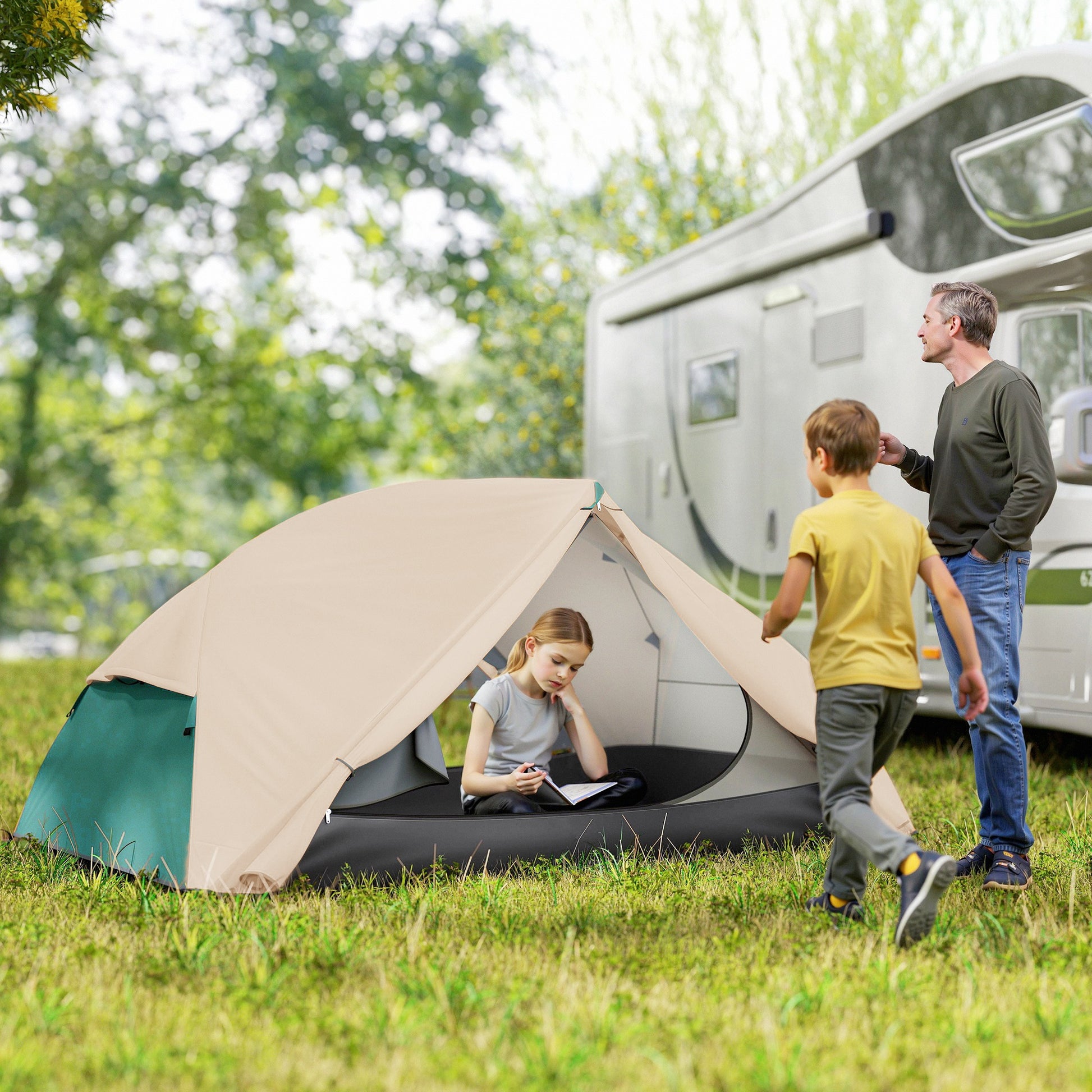 2-Person Camping Tent with 2 Vestibules, Waterproof Dome Tent with 2 Doors, 2 Mesh Windows, Internal Pockets, and Carry Bag for Trekking, 280x225x110 cm, Beige