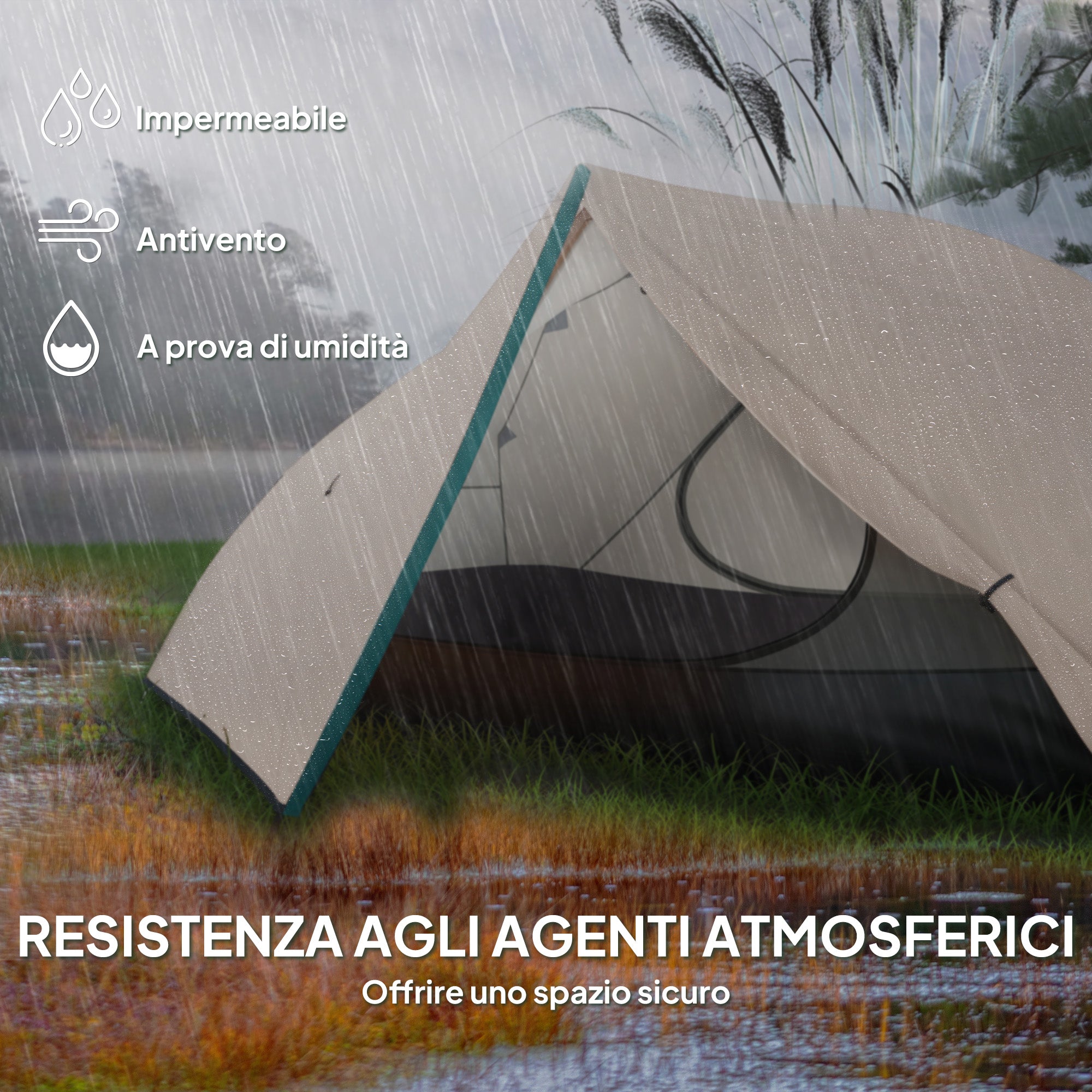 2-Person Camping Tent with 2 Vestibules, Waterproof Dome Tent with 2 Doors, 2 Mesh Windows, Internal Pockets, and Carry Bag for Trekking, 280x225x110 cm, Beige