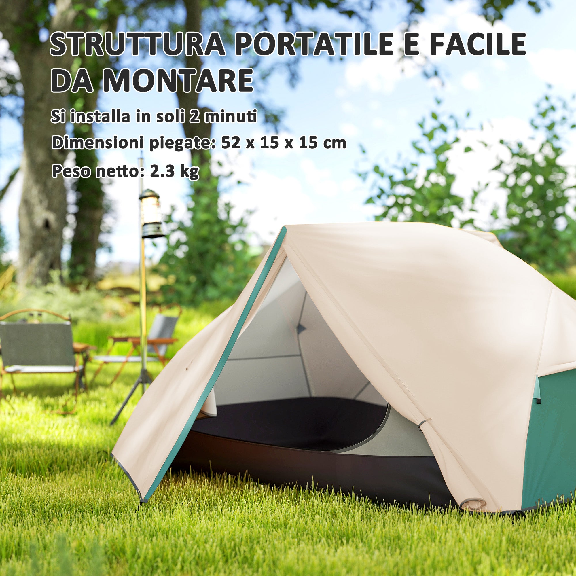 2-Person Camping Tent with 2 Vestibules, Waterproof Dome Tent with 2 Doors, 2 Mesh Windows, Internal Pockets, and Carry Bag for Trekking, 280x225x110 cm, Beige