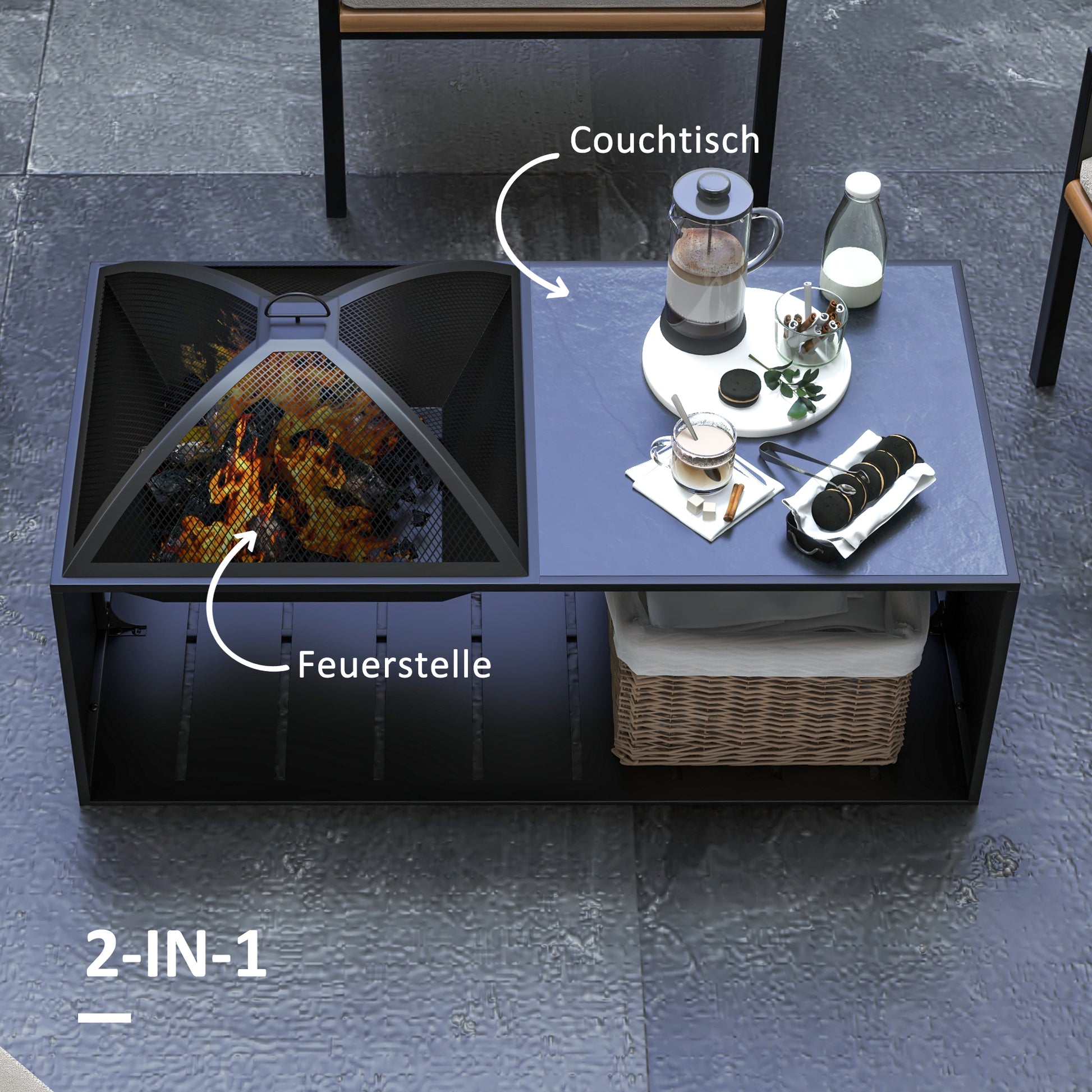 Fire Pit, Fire Bowl with Spark Screen, Fire Pit with Poker, Storage Shelf for Garden, Patio, Metal, Black