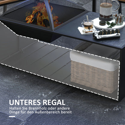 Fire Pit, Fire Bowl with Spark Screen, Fire Pit with Poker, Storage Shelf for Garden, Patio, Metal, Black