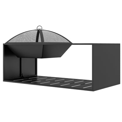 Fire Pit, Fire Bowl with Spark Screen, Fire Pit with Poker, Storage Shelf for Garden, Patio, Metal, Black