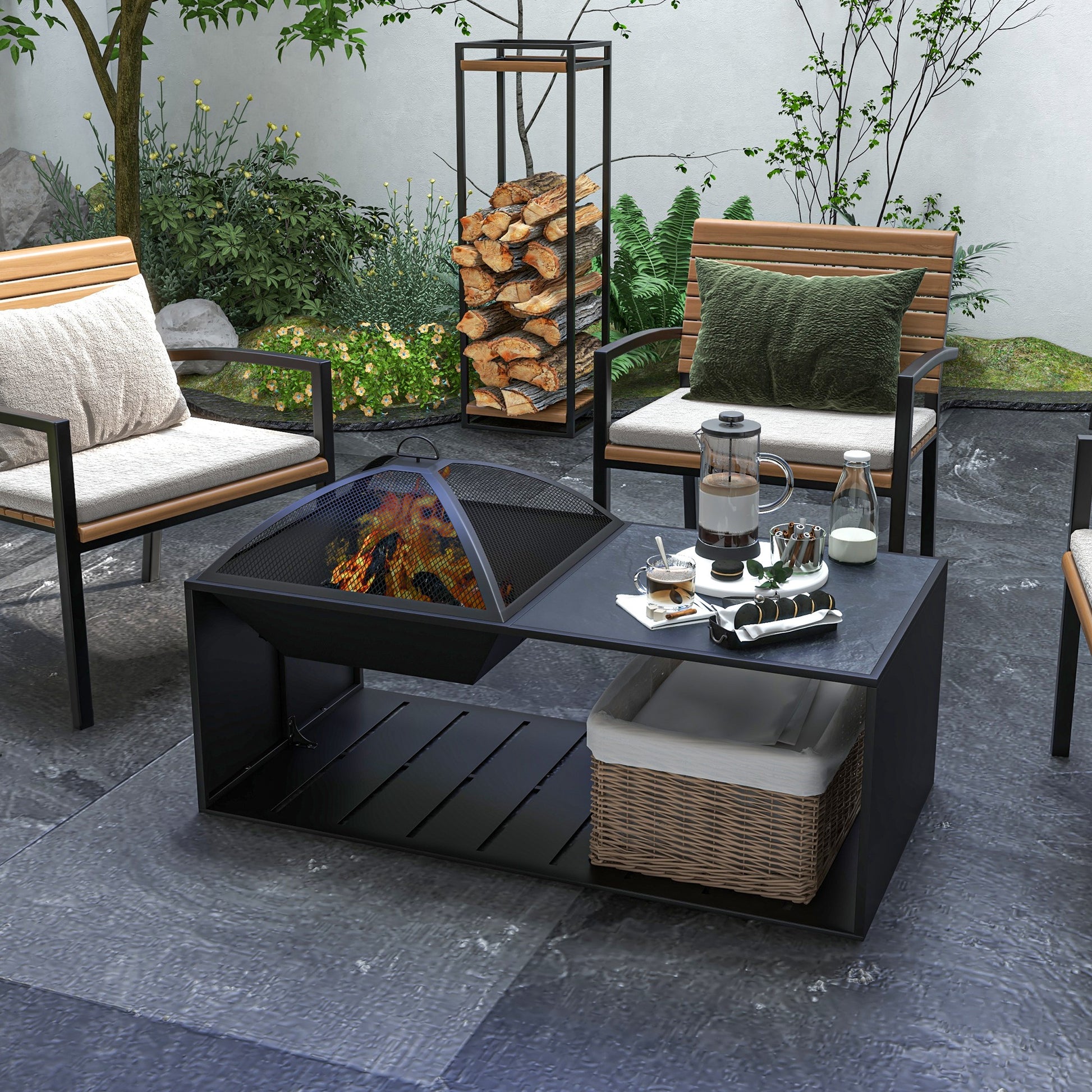 Fire Pit, Fire Bowl with Spark Screen, Fire Pit with Poker, Storage Shelf for Garden, Patio, Metal, Black