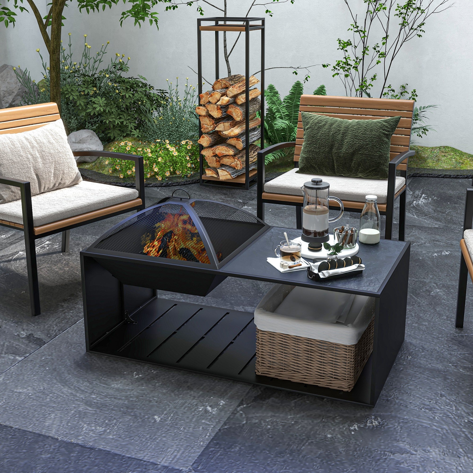 Fire Pit, Fire Bowl with Spark Screen, Fire Pit with Poker, Storage Shelf for Garden, Patio, Metal, Black