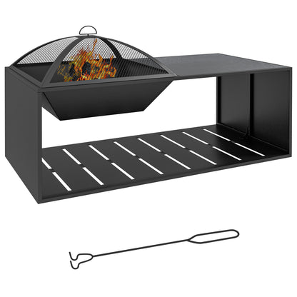 Fire Pit, Fire Bowl with Spark Screen, Fire Pit with Poker, Storage Shelf for Garden, Patio, Metal, Black