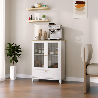 Glass Door 2-Door Sideboard with Drawer and Adjustable Shelf Kitchen Bedroom Living Room 68x35x85 cm White and Oak